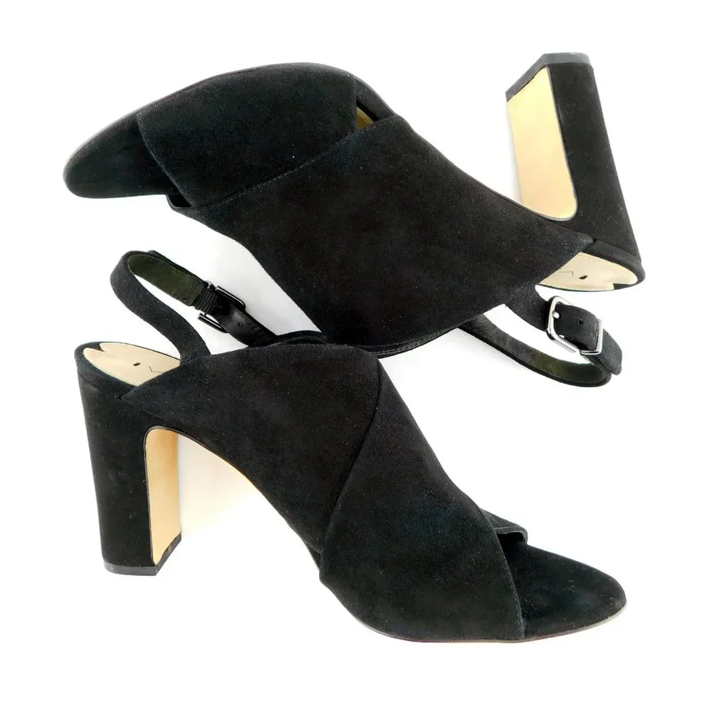 VIA SPIGA Black Suede Leather Cross Over Open Toe Sling Back Block Heels 8.5